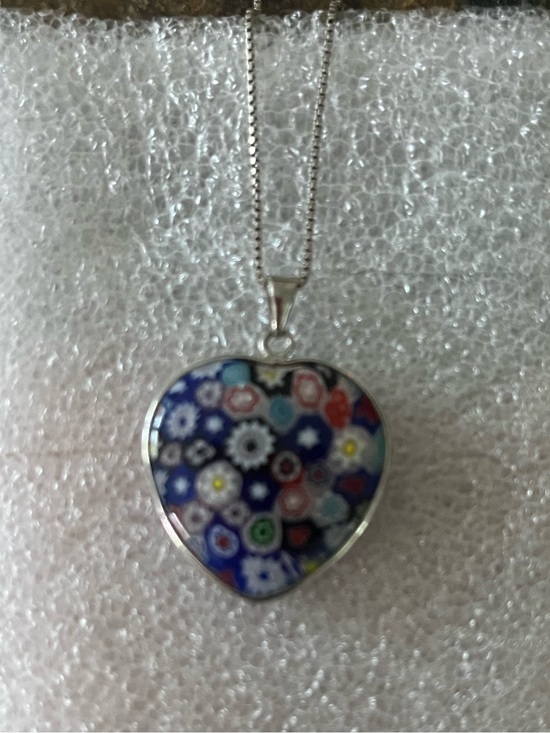 Jewelry - Murano Millefiori Heart Pendant .026 Necklace - Blue Floral unbranded
